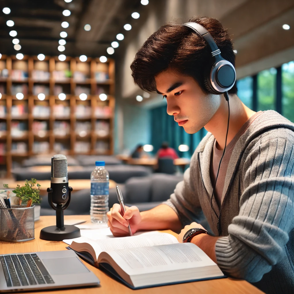 Osoba z słuchawkami na uszach słuchająca nagrania audio na komputerze